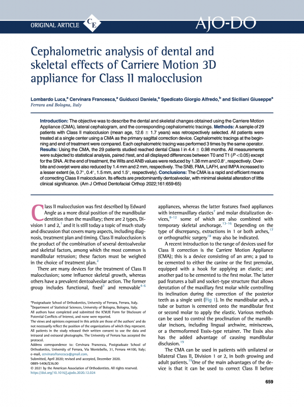 Cephalometric analysis of dental and skeletal effects of Carriere Motion 3D appliance for Class II malocclusion1
